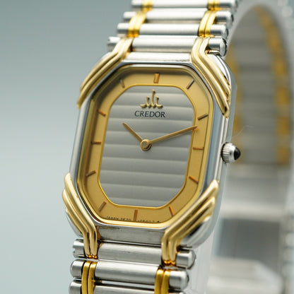 *MINT* Vintage 18KT SEIKO CREDOR 2F70-5490 Qz Silver Rectangle 19mm Women Watch