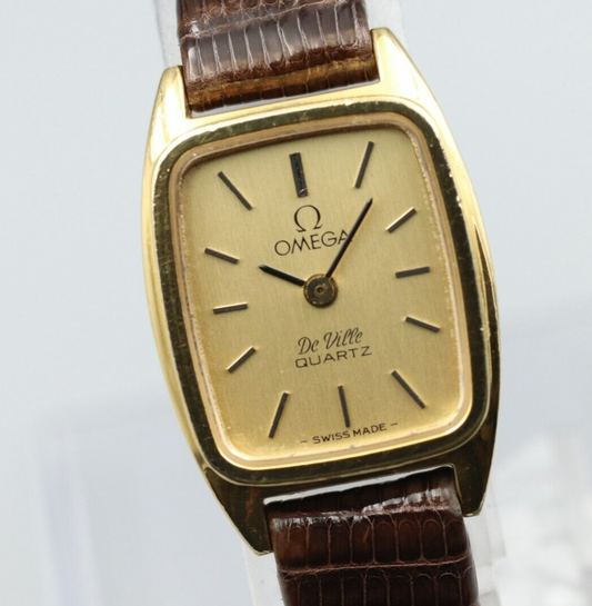 *N MINT* Vintage OMEGA De Ville Cal.1350 Quartz Gold Dial Rectangle Women Watch
