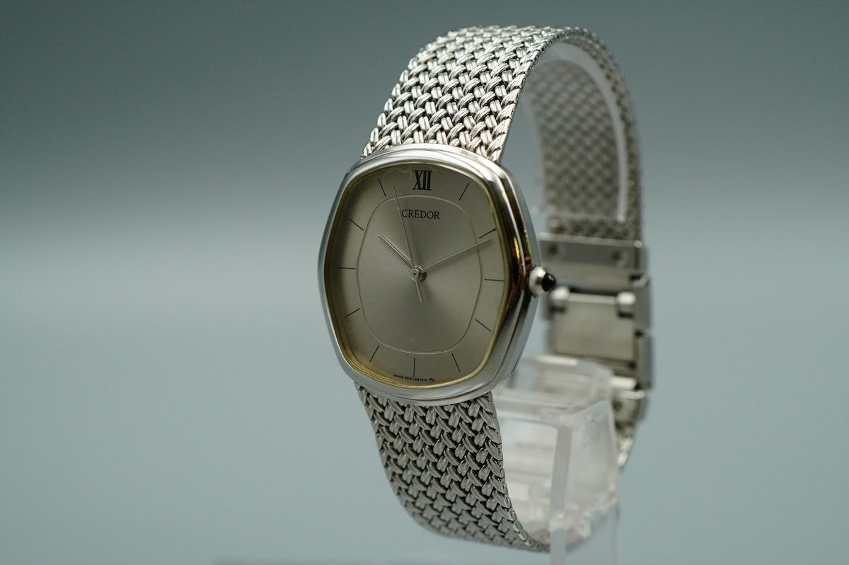 N MINT Vintage SEIKO CREDOR 5931-5230 Quartz Silver Dial Hexagon 30mm Mens Watch