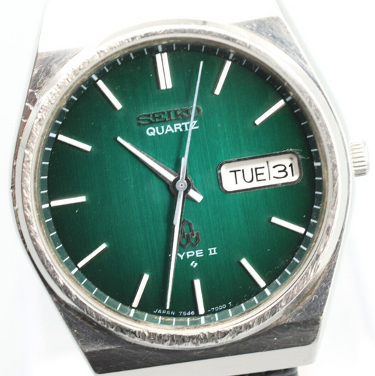 *Exc+5* Vintage SEIKO Type II 7546-700B Quartz Green Dial Round Mens Watch