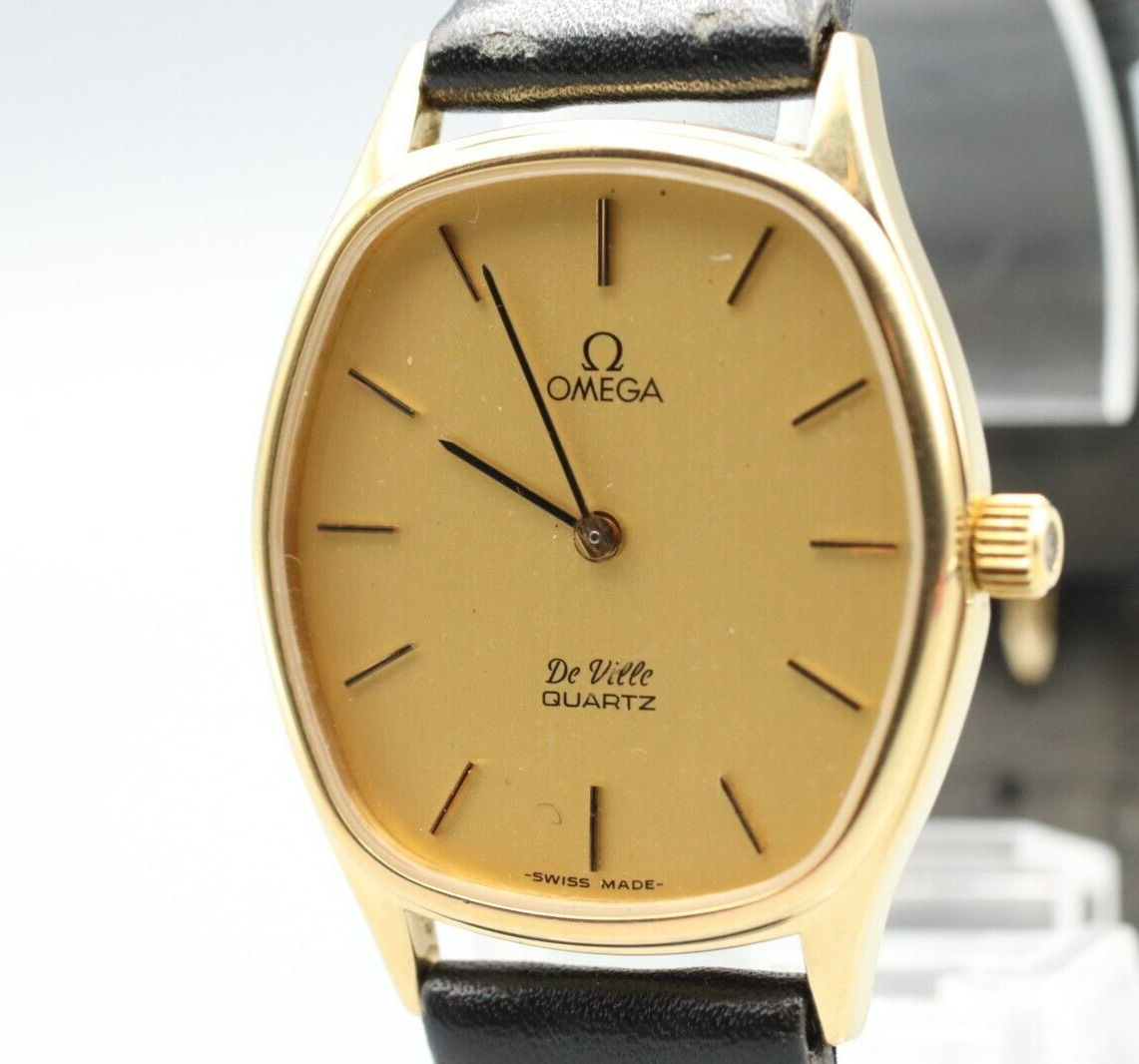 *Exc+5* Vintage OMEGA De Ville Cal.1330 Quartz Gold Dial Hexagon Mens Watch