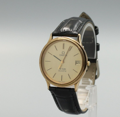 *Exc+5* Vintage OMEGA De Ville Cal.1332 Quartz Gold Dial Date Round Mens Watch