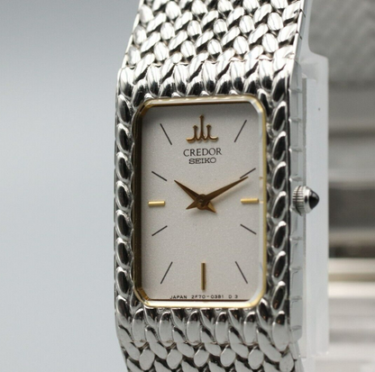 **N MINT* Vintage SEIKO Credor 2F70-5341 Quartz White Dial Rectangle Women Watch