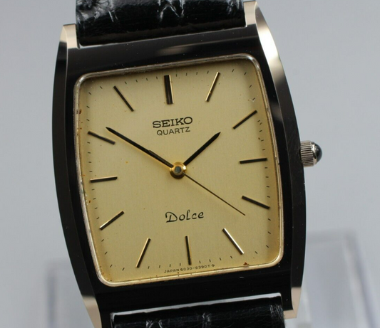 *MINT* Vintage 1982 SEIKO Dolce 6030-5320 Quartz Tank Shape Gold Dial Mens JAPAN