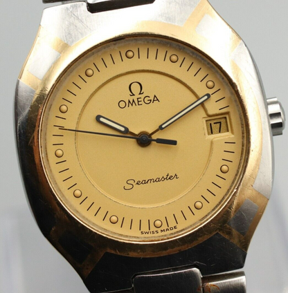 *Exc+5* Vintage OMEGA Seamaster 200m Cal.1438 Quartz Gold Dial Round Mens Watch