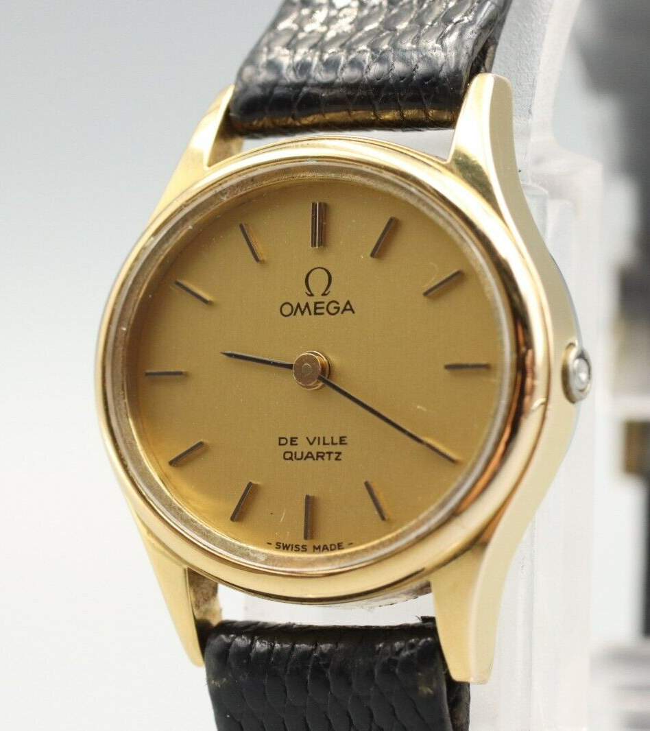 *NEAR MINT* Vintage OMEGA De Ville 591.0022 Quartz Gold Dial Round Women Watch