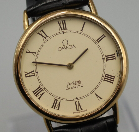 *Exc+5* Vintage OMEGA De Ville Cal.1351 Quartz Gold Dial Roman Round Mens Watch