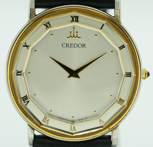 *NEAR MINT* Vintage 1988 SEIKO CREDOR 2F70-0290 Qz Silver Round 31mm Mens Watch