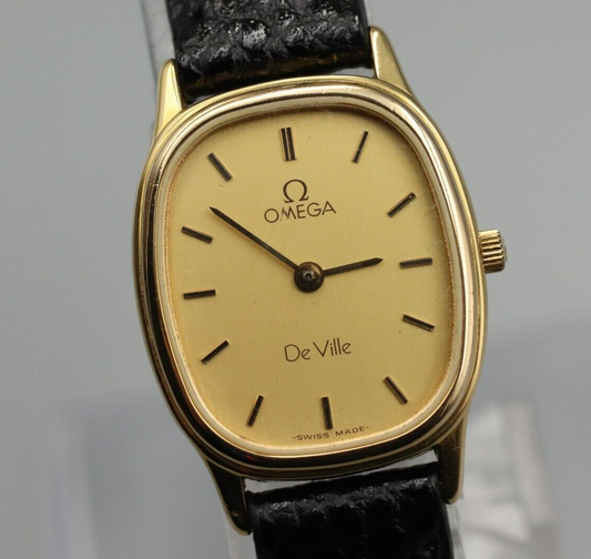 *Exc+5* Vintage OMEGA De Ville Cal.1450 Quartz Gold Dial Rectangle Women Watch