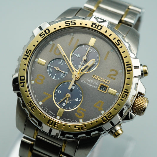 Vintage 1992 SEIKO Chronograph V172-0AT0 Solar Gray Round 44mm Mens Watch