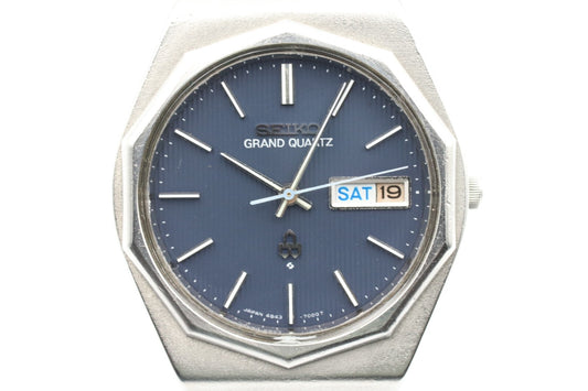 Rare *N MINT* Vintage SEIKO GRAND Quartz 4843-7000 Navy Dial Day Date Mens Watch
