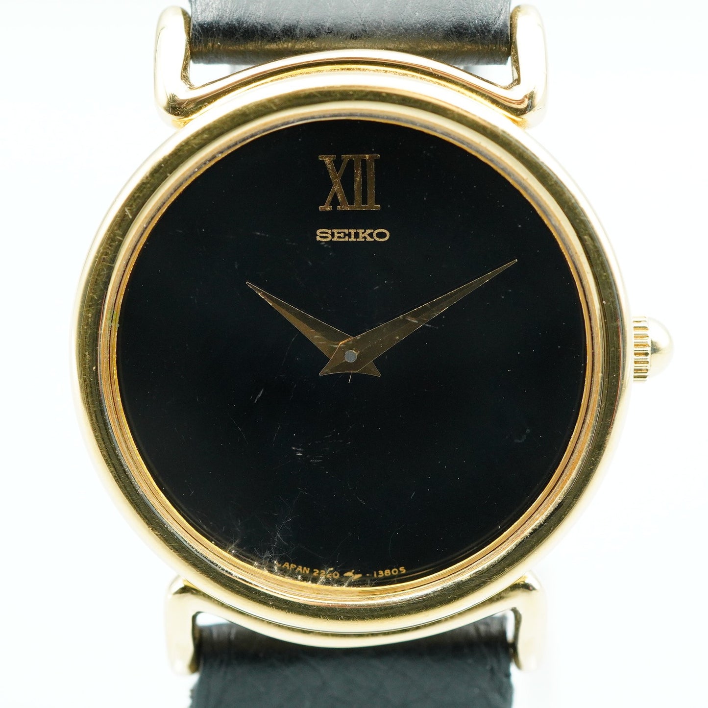 *Exc+5* Vintage SEIKO 2220-0530 Quartz Black Dial Round 31mm Mens Watch