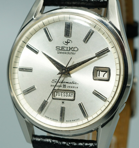 *N MINT* Vintage 1964 SEIKO WEEKDATER 6218-8970 AT Silver Round 37mm Mens Watch