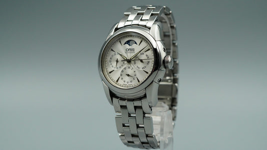 N MINT 1990s ORIS Artelier Complication 7554 Automatic Silver 37mm Mens Watch