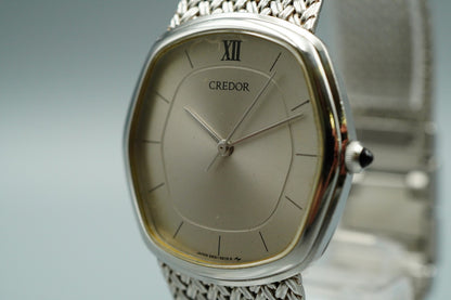 N MINT Vintage SEIKO CREDOR 5931-5230 Quartz Silver Dial Hexagon 30mm Mens Watch