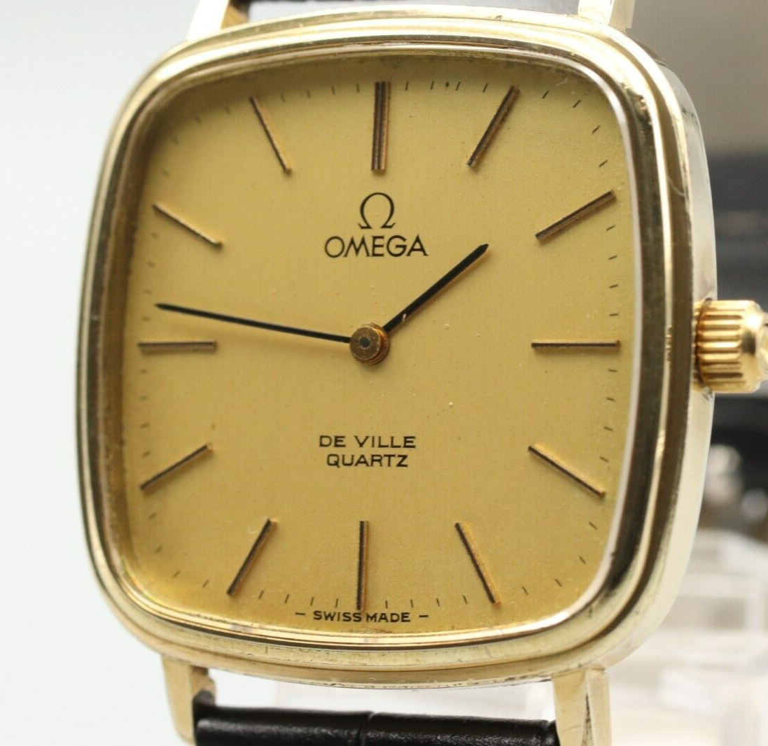 *NEAR MINT* Vintage OMEGA De Ville Cal.1330 Quartz Gold Dial Square Mens Watch