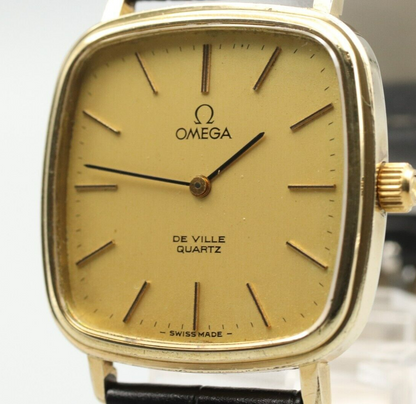 *NEAR MINT* Vintage OMEGA De Ville Cal.1330 Quartz Gold Dial Square Mens Watch