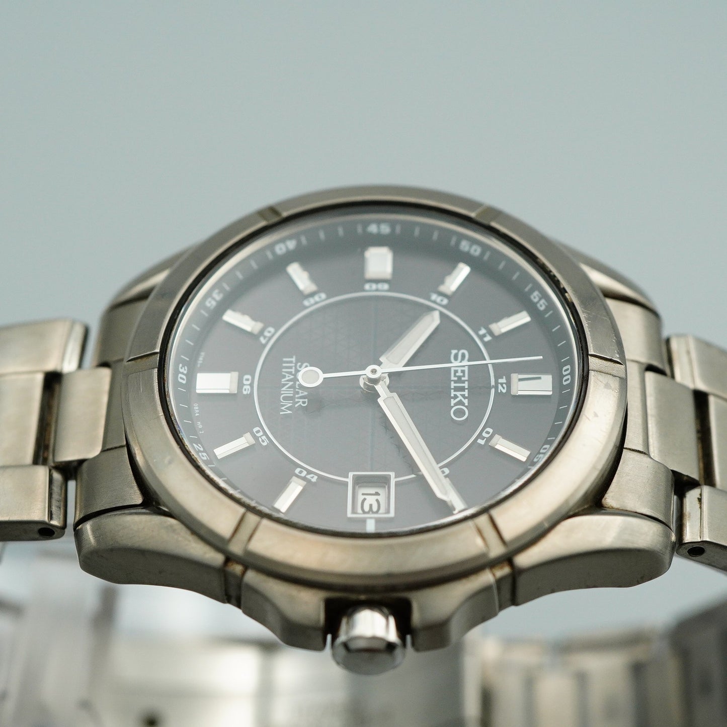 *N MINT* Vintage SEIKO Solar Titanium V145-0AX0 Qz Black Round 35mm Mens Watch