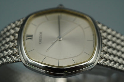 N MINT Vintage SEIKO CREDOR 5931-5230 Quartz Silver Dial Hexagon 30mm Mens Watch