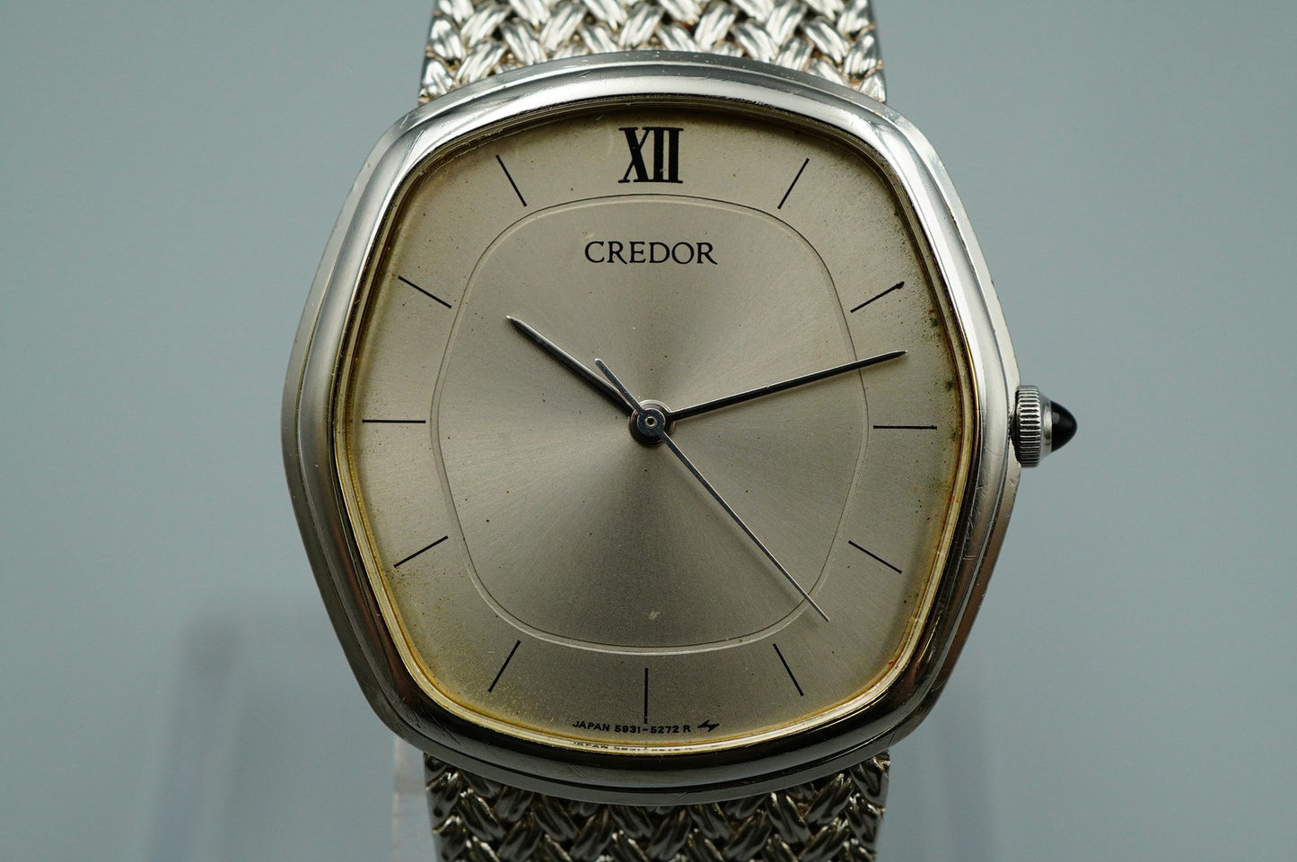 N MINT Vintage SEIKO CREDOR 5931-5230 Quartz Silver Dial Hexagon 30mm Mens Watch