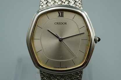 N MINT Vintage SEIKO CREDOR 5931-5230 Quartz Silver Dial Hexagon 30mm Mens Watch