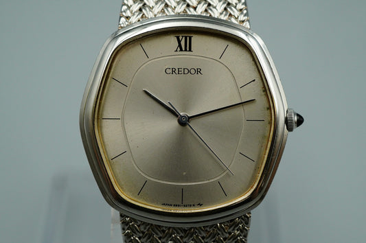 N MINT Vintage SEIKO CREDOR 5931-5230 Quartz Silver Dial Hexagon 30mm Mens Watch