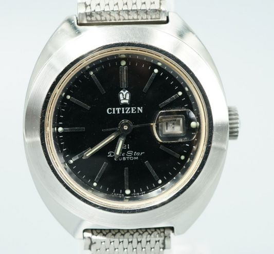 *NEAR MINT* Vintage CITIZEN Date Star GN-3-S Qz Black Round 27mm Women Watch