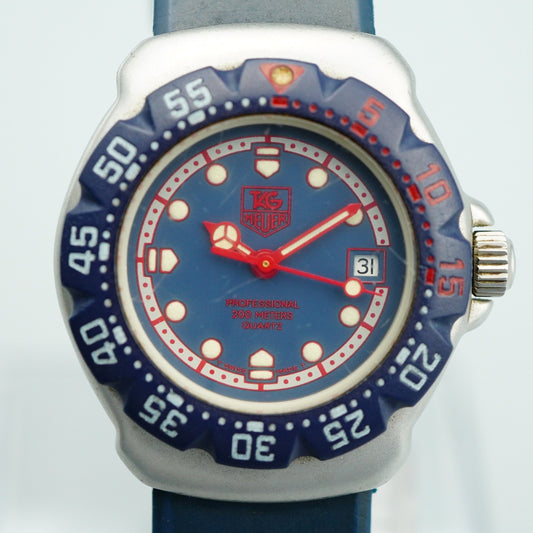 *N MINT* Vintage TAG Heuer Professional 370.508 Qz Blue Round 28mm Women Watch