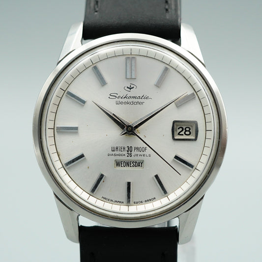 *NEAR MINT* Vintage SEIKO Weekdater 6206-8990 AT Silver Round 37mm Mens Watch