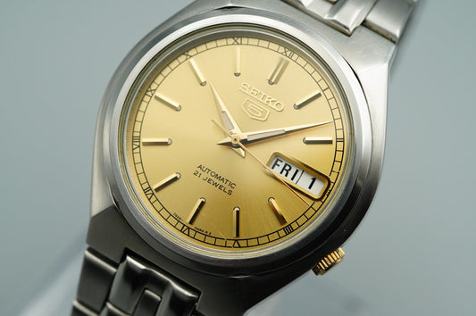 *NEAR MINT* Vintage SEIKO 5 7S26-01T0 Automatic Gold Dial Round 36mm Mens Watch