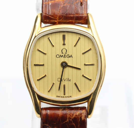 *N MINT* Vintage OMEGA De Ville Cal.1387 Qz Gold Dial Rectangle 20mm Women Watch