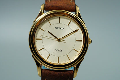 *MINT* Vintage 1998 SEIKO Dolce 5E31-7A40 Quartz Gold Dial Round 34mm Mens Watch