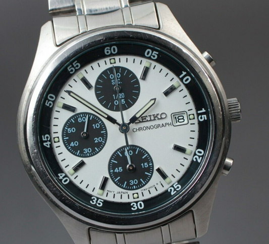 *N MINT* Vintage SEIKO Chronograph 7T92-0CC0 Panda White Dial Quartz Mens Watch