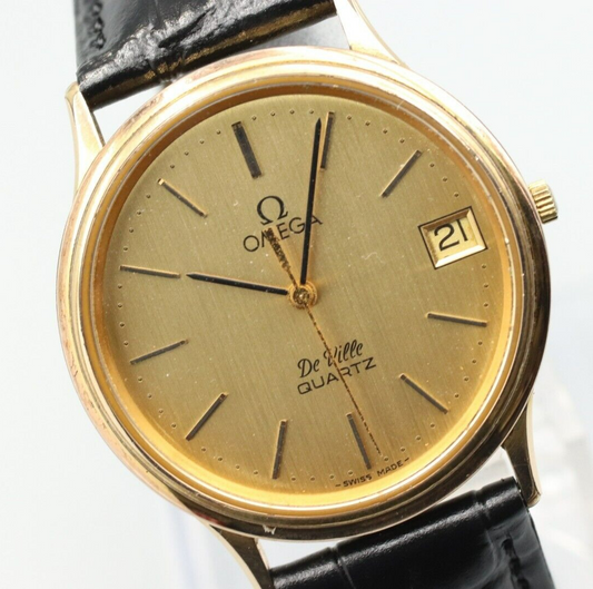 *Exc+5* Vintage OMEGA De Ville Cal.1332 Quartz Gold Dial Date Round Mens Watch