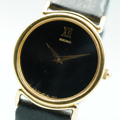 *Exc+5* Vintage SEIKO 2220-0530 Quartz Black Dial Round 31mm Mens Watch