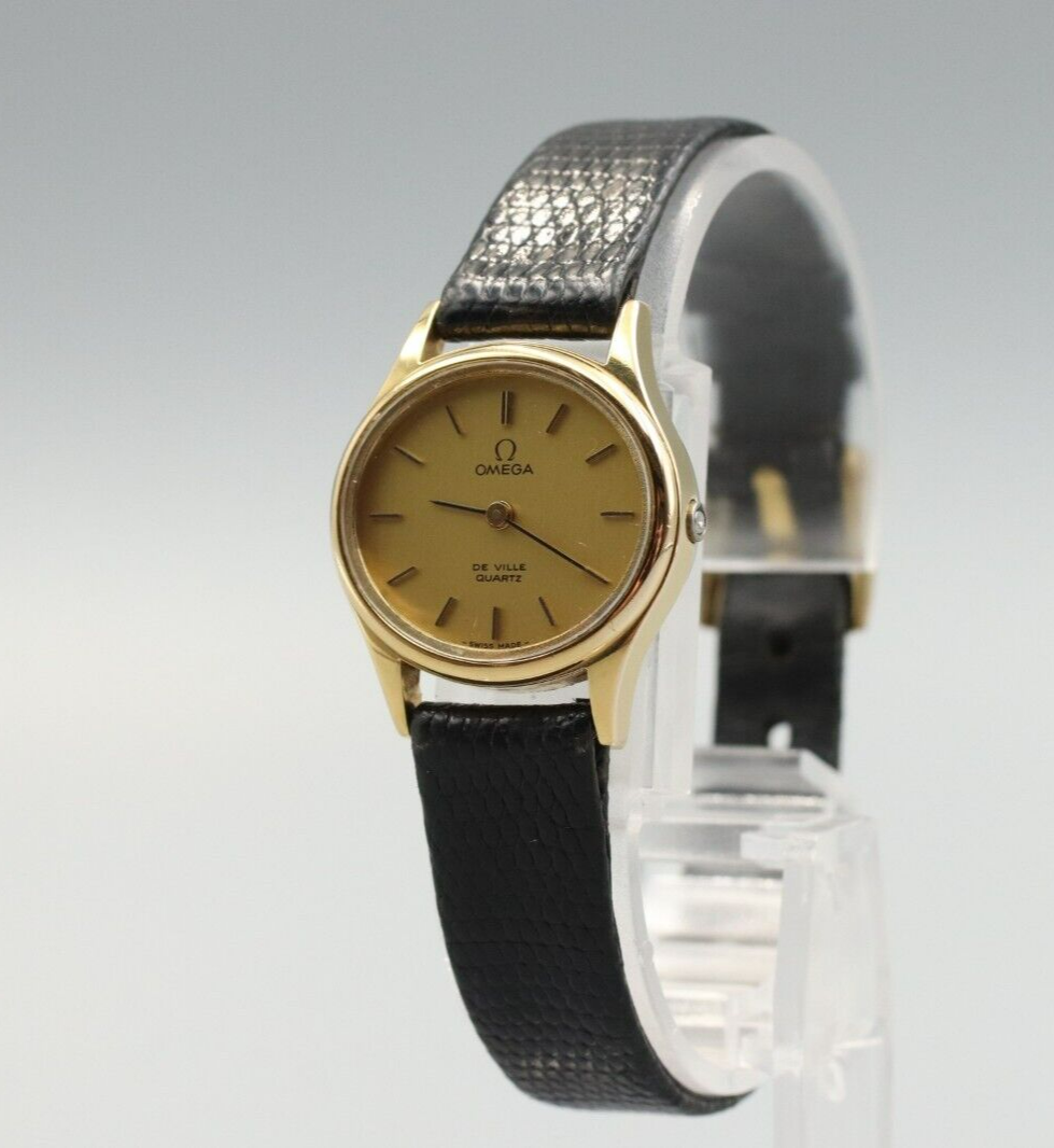 *NEAR MINT* Vintage OMEGA De Ville 591.0022 Quartz Gold Dial Round Women Watch