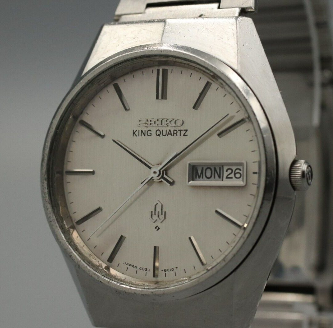 *Exc+4* Vintage SEIKO King 4823-8010 Quartz Silver Dial Day Date Mens Watch