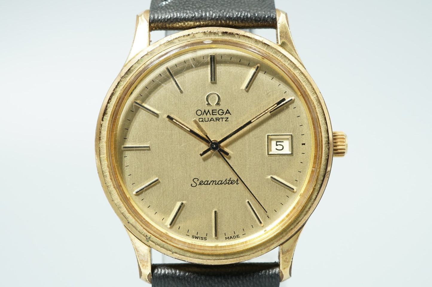*Exc+5* Vintage 1977 OMEGA Seamaster Cal.1342 Qz Gold Dial Round 35mm Mens Watch