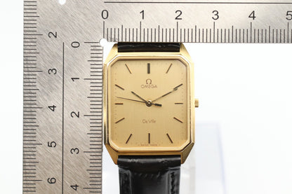 *N MINT* Vintage OMEGA De Ville Cal.1417 Qz Gold Dial Rectangle 24mm Women Watch