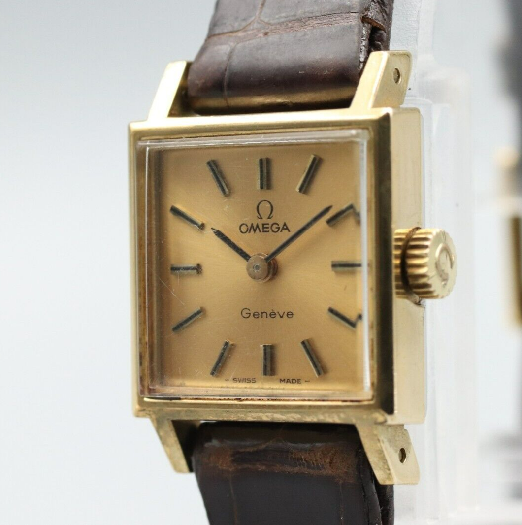 *Exc+5* Vintage OMEGA Geneve Cal.1070 Hand Winding Gold Dial Square Women Watch