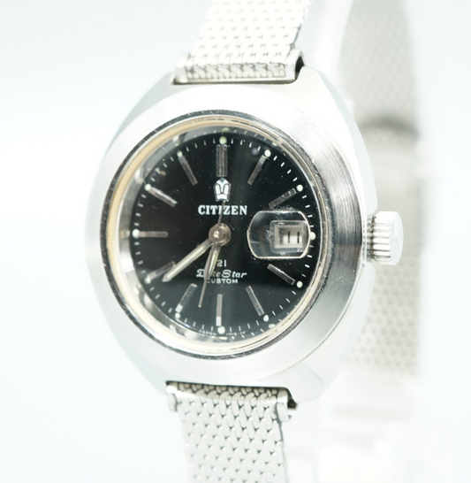 *NEAR MINT* Vintage CITIZEN Date Star GN-3-S Qz Black Round 27mm Women Watch
