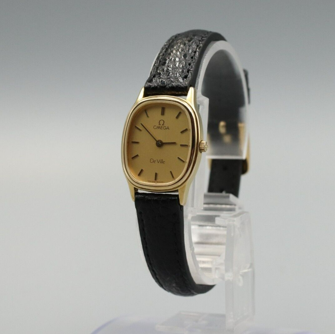 *Exc+5* Vintage OMEGA De Ville Cal.1450 Quartz Gold Dial Rectangle Women Watch