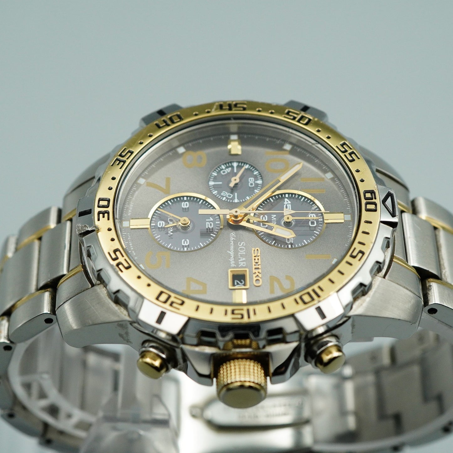 Vintage 1992 SEIKO Chronograph V172-0AT0 Solar Gray Round 44mm Mens Watch