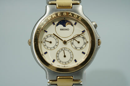 Vintage 1988 SEIKO Presage Moonphase 7F38-6040 Quartz White 35mm Mens Watch