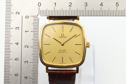 *N MINT* Vintage OMEGA De Ville Cal.1330 Quartz Gold Dial Square 31mm Mens Watch