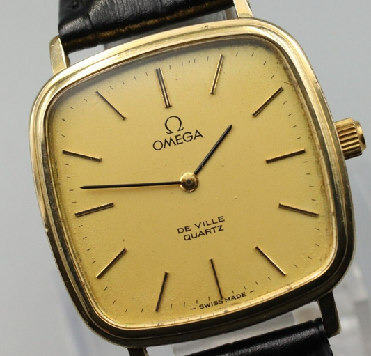 *NEAR MINT* Vintage OMEGA De Ville Cal.1330 Quartz Gold Dial Square Mens Watch