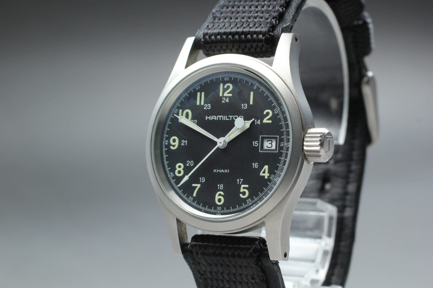 *TOP MINT* HAMILTON KHAKI H683110 Quartz Black Dial Date Round 33mm Mens Watch