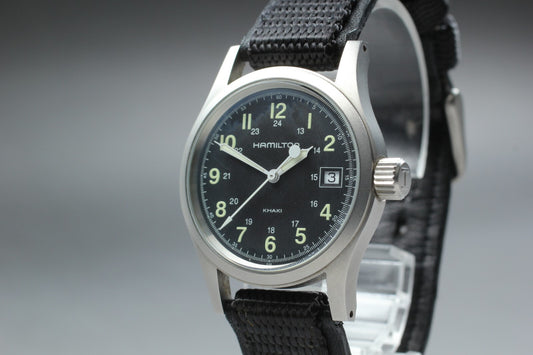 *TOP MINT* HAMILTON KHAKI H683110 Quartz Black Dial Date Round 33mm Mens Watch