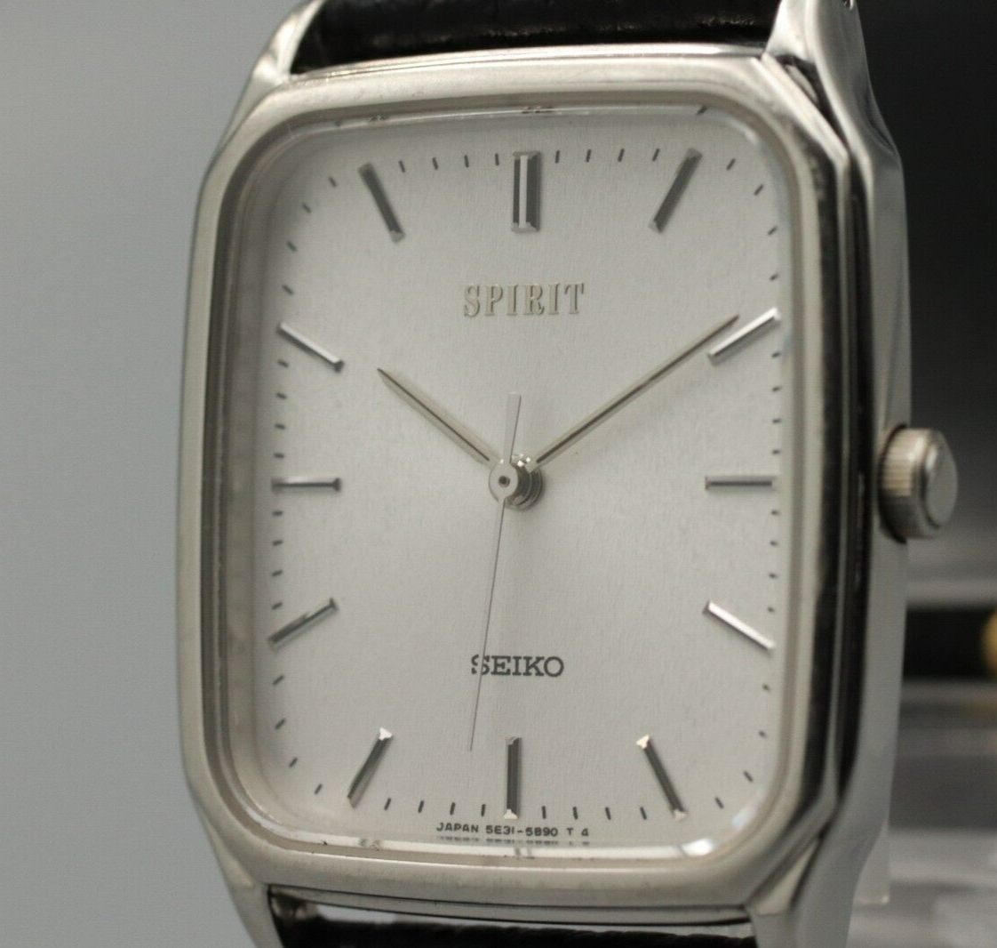 *N MINT* Vintage SEIKO SPIRIT 5E31-5B50 Quartz White Dial Rectangle Mens Watch