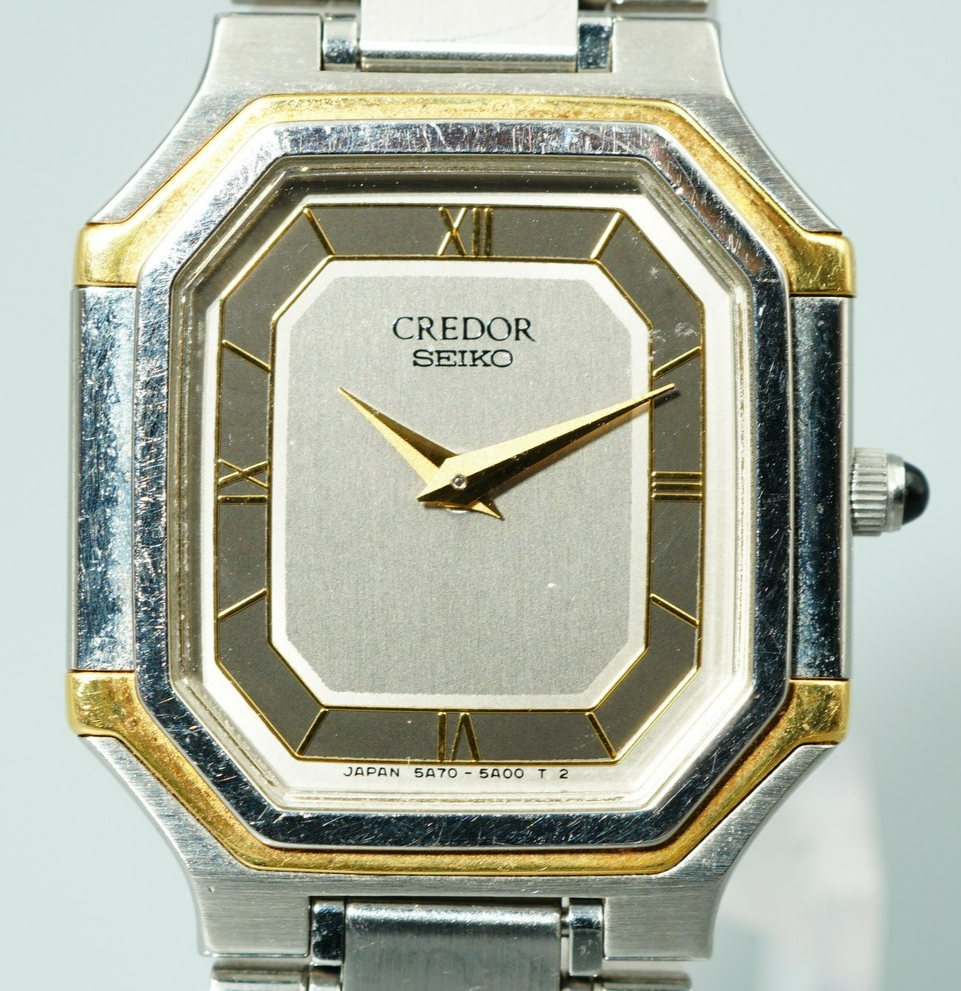 *N MINT* Vintage 1996 SEIKO CREDOR 5A70-3A00 Qz Gray Octagon 22mm Women Watch